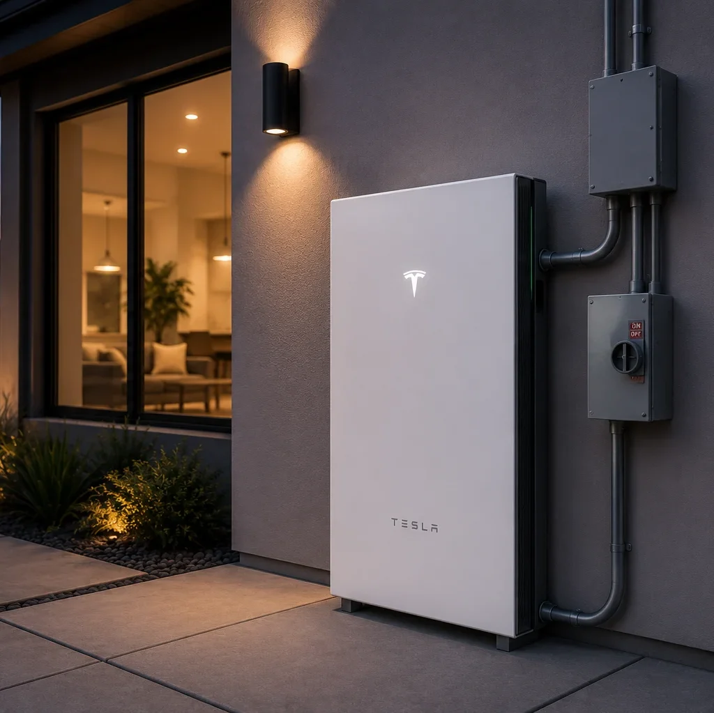 Tesla battery backup unit installed outside a modern home
