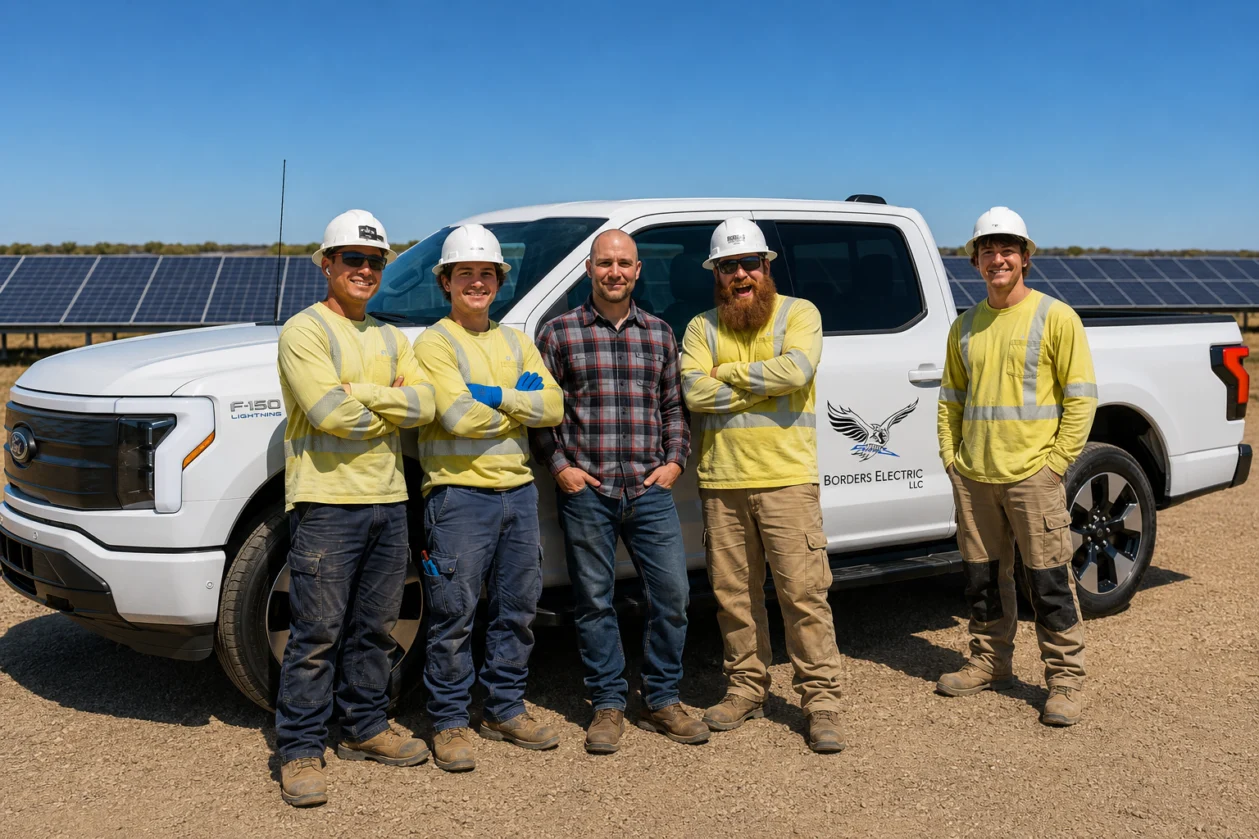 Group of workers in front of a truck at a solar farm
